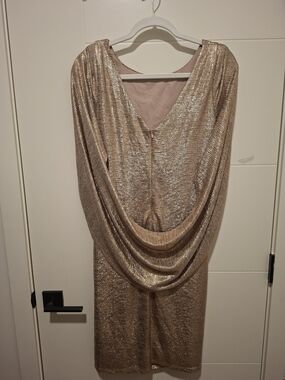 R&M Richards Metallic Gold Long Sleeve Draped Back Dress